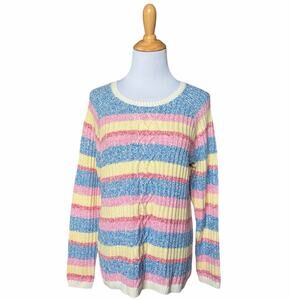 Talbots LP Bright Preppy Multicolor Striped Cable Knit Cotton Blend Sweater NWT